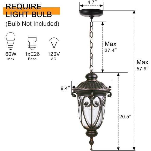 BNIB Outdoor Pendant Light Fixture for Porch, 20 1/2" High Antique Bronze - Picture 5 of 9